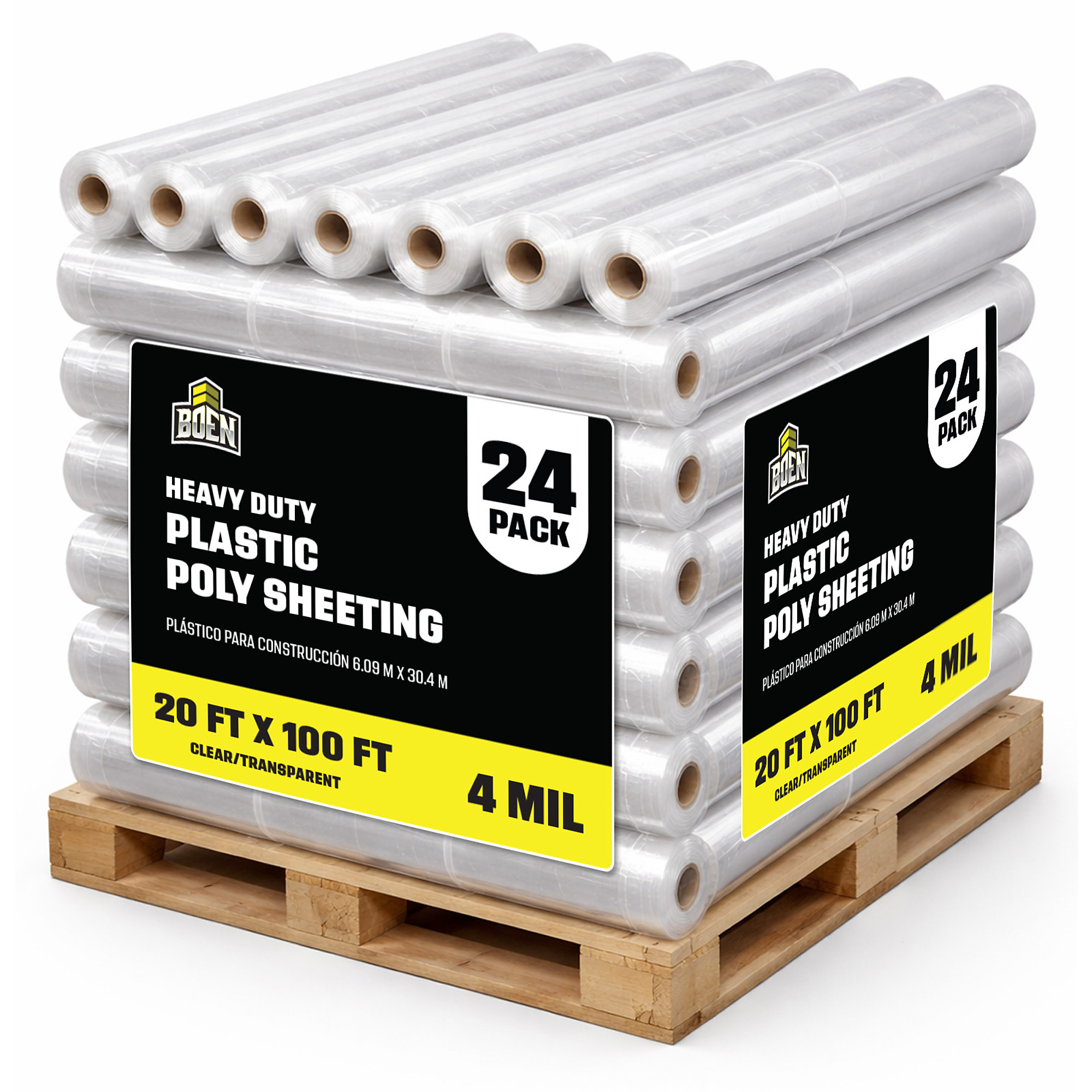Boen Clear Plastic Sheeting — 20ft. x 100ft., 4 Mil, Waterproof Poly Film, Dust Containment, Vapor Barrier, Paint Protection, 24-Pack, Model# BPS-420-HPL